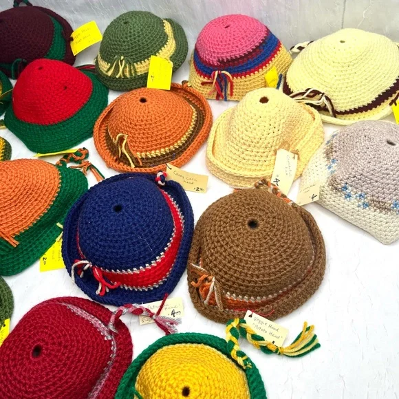 Handmade Crochet Knit Kids Blue Multicolor Hats Children’s Beanie Lot Of 18 NWT